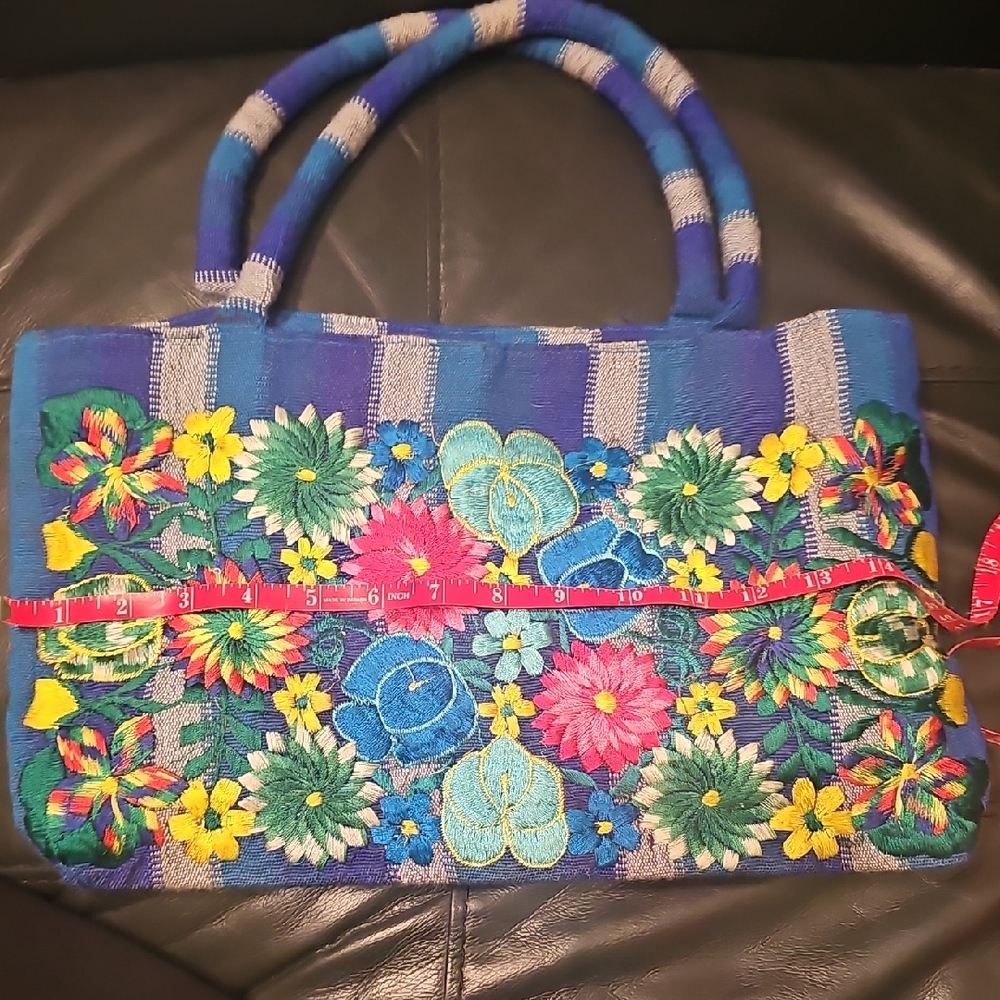 Floral Embroidered Blue Tote Bag
